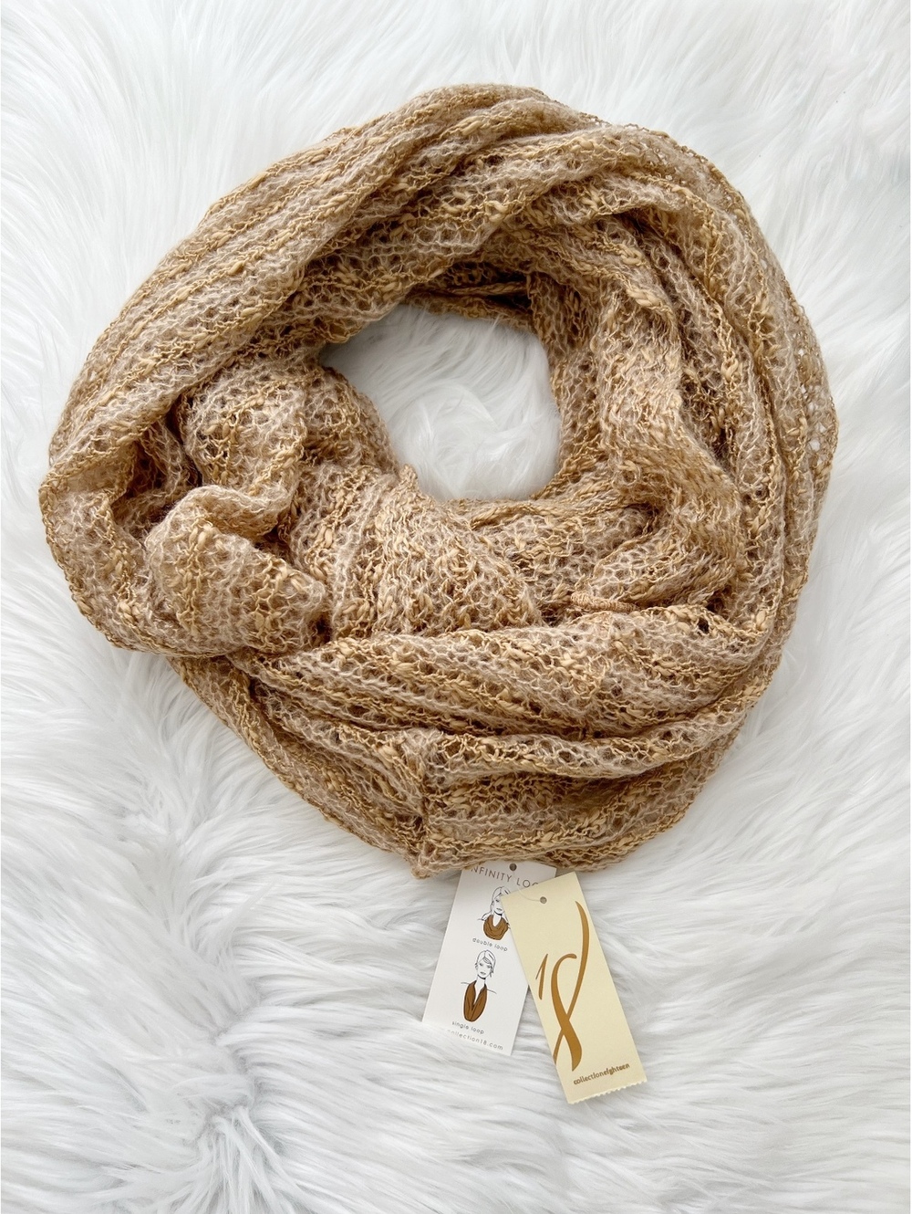 NWT Collection 18 Tannin Brown Open Knit Infinity Loop Scarf Lightweight